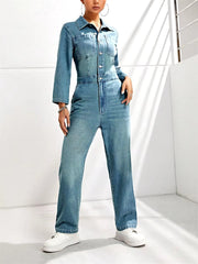 Casual Straight Leg High Waist Half Button Retro Washed Denim Jumpsuit with Pockets Mssza