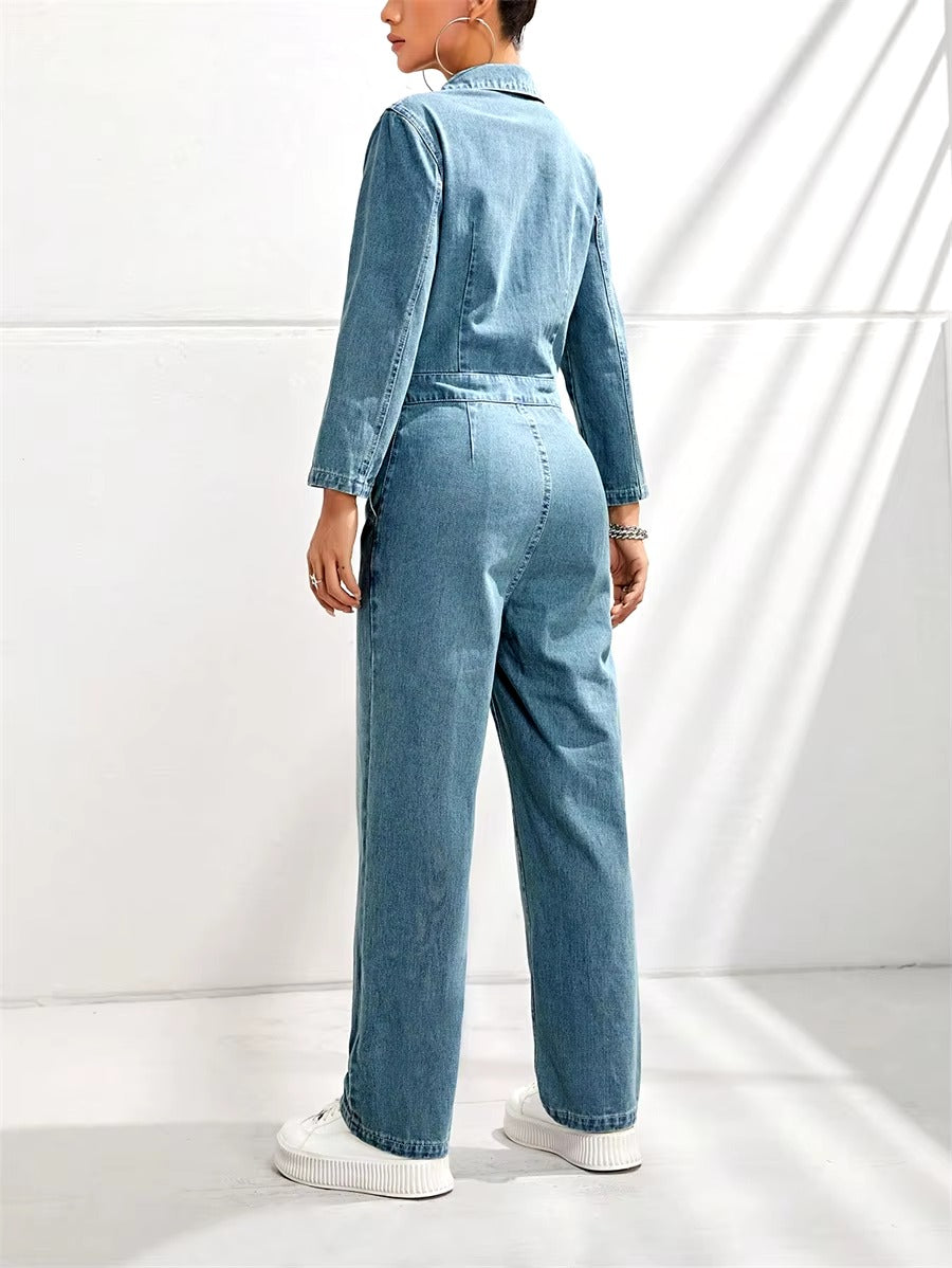 Casual Straight Leg High Waist Half Button Retro Washed Denim Jumpsuit with Pockets Mssza