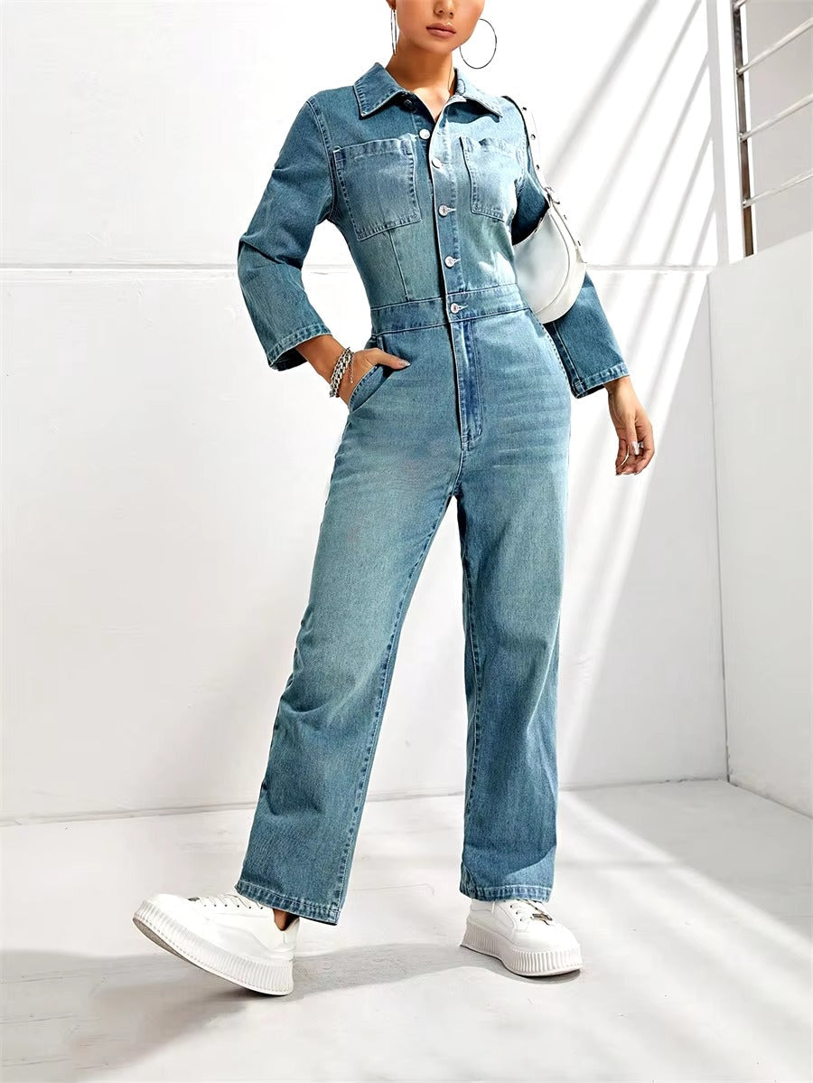 Casual Straight Leg High Waist Half Button Retro Washed Denim Jumpsuit with Pockets Mssza