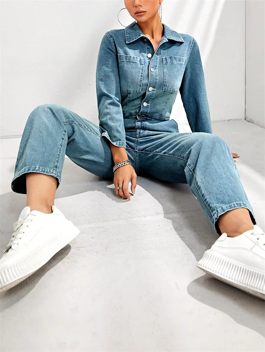 Casual Straight Leg High Waist Half Button Retro Washed Denim Jumpsuit with Pockets Mssza