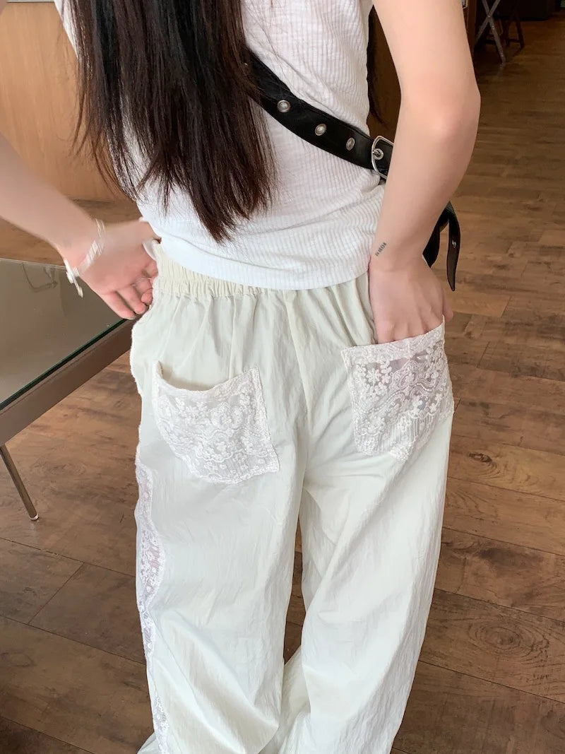 Casual Straight-leg Design Sun Protection Cool Ice Silk Lace Wide-leg Pants Mssza