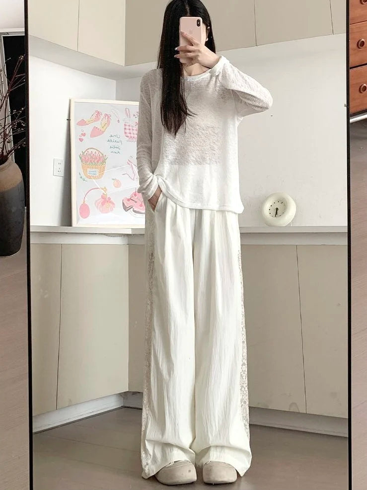 Casual Straight-leg Design Sun Protection Cool Ice Silk Lace Wide-leg Pants Mssza