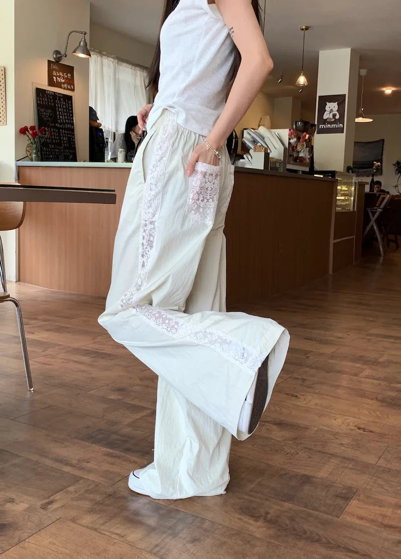 Casual Straight-leg Design Sun Protection Cool Ice Silk Lace Wide-leg Pants Mssza