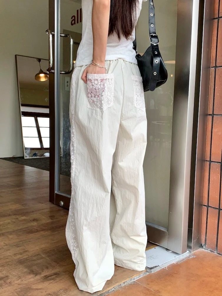 Casual Straight-leg Design Sun Protection Cool Ice Silk Lace Wide-leg Pants Mssza