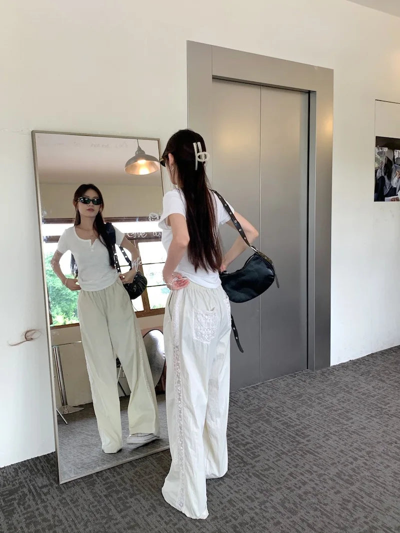 Casual Straight-leg Design Sun Protection Cool Ice Silk Lace Wide-leg Pants Mssza