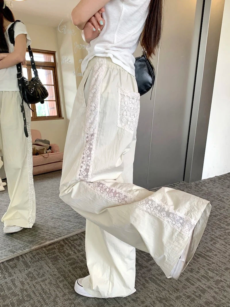 Casual Straight-leg Design Sun Protection Cool Ice Silk Lace Wide-leg Pants Mssza