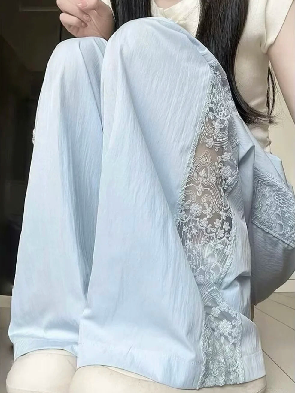 Casual Straight-leg Design Sun Protection Cool Ice Silk Lace Wide-leg Pants Mssza