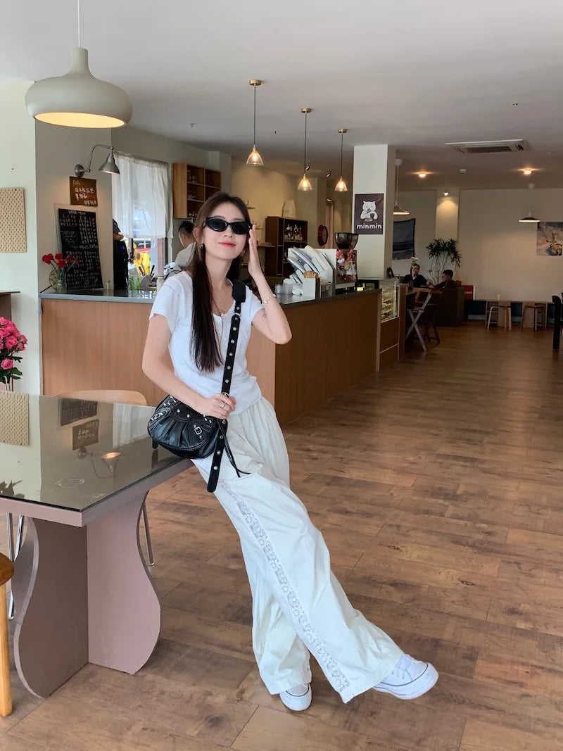 Casual Straight-leg Design Sun Protection Cool Ice Silk Lace Wide-leg Pants Mssza