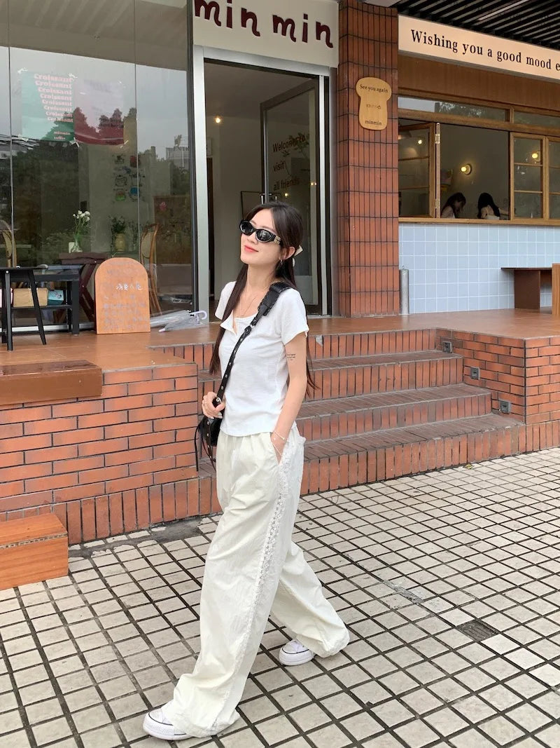 Casual Straight-leg Design Sun Protection Cool Ice Silk Lace Wide-leg Pants Mssza