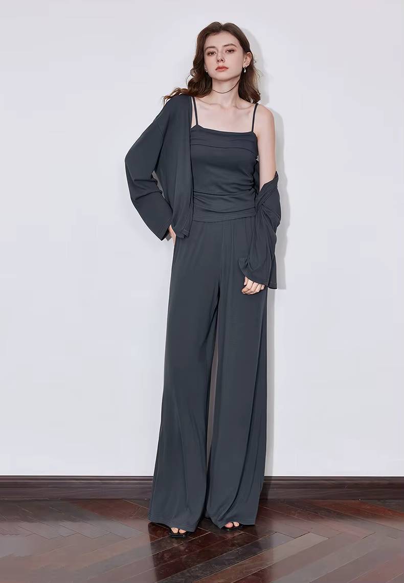 Casual Strap Bottom With Pockets Cardigan And Ankle-Length Wide Leg Pants Mssza