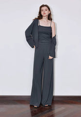 Casual Strap Bottom With Pockets Cardigan And Ankle-Length Wide Leg Pants Mssza