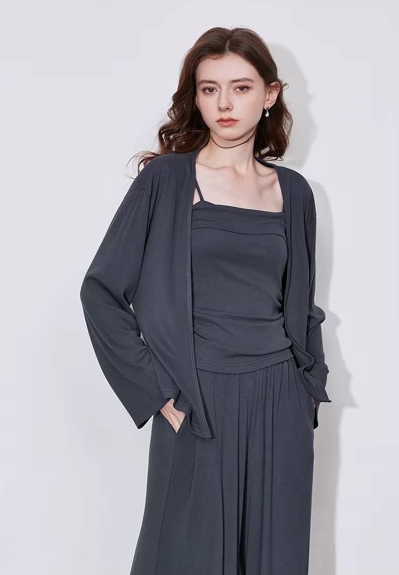 Casual Strap Bottom With Pockets Cardigan And Ankle-Length Wide Leg Pants Mssza