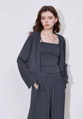 Casual Strap Bottom With Pockets Cardigan And Ankle-Length Wide Leg Pants Mssza