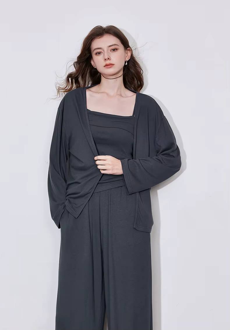 Casual Strap Bottom With Pockets Cardigan And Ankle-Length Wide Leg Pants Mssza