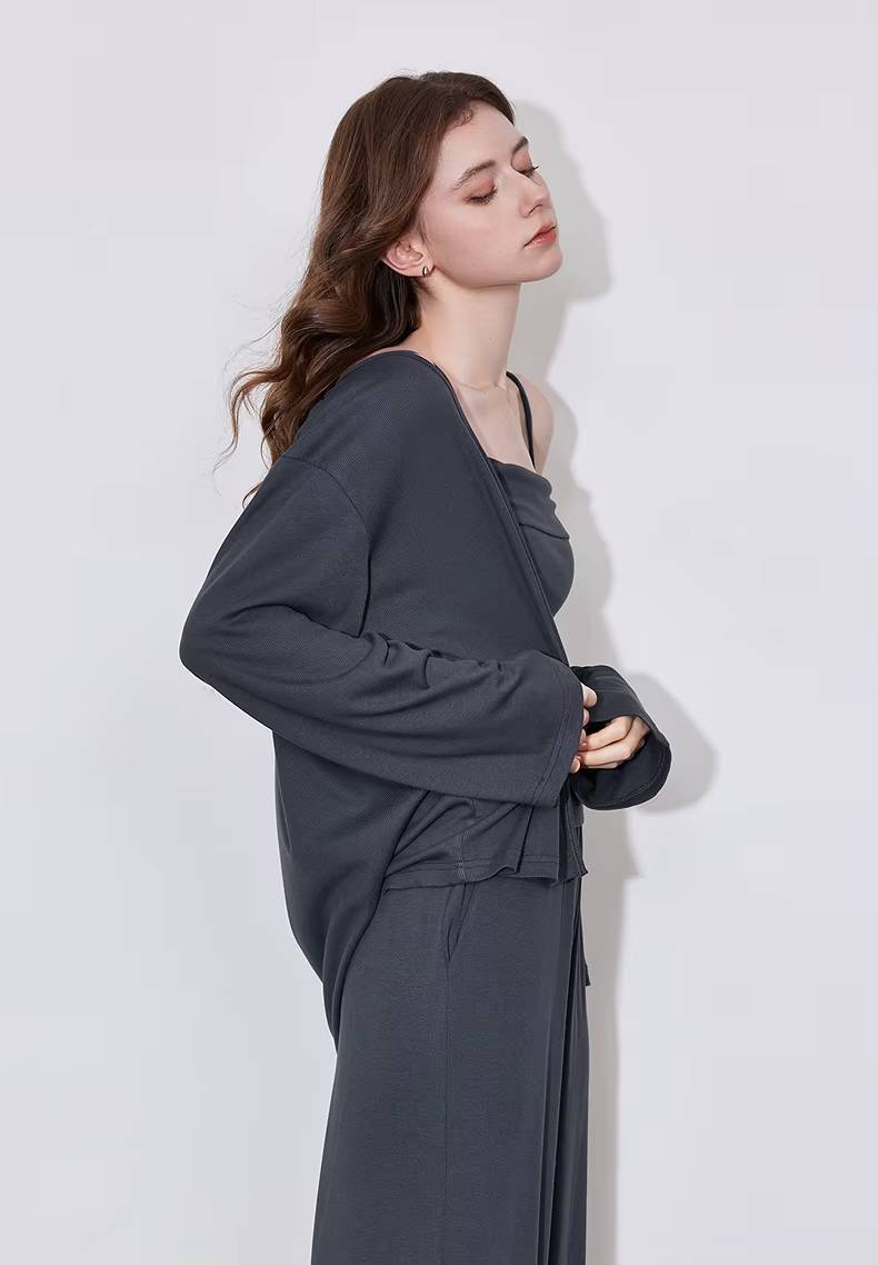 Casual Strap Bottom With Pockets Cardigan And Ankle-Length Wide Leg Pants Mssza