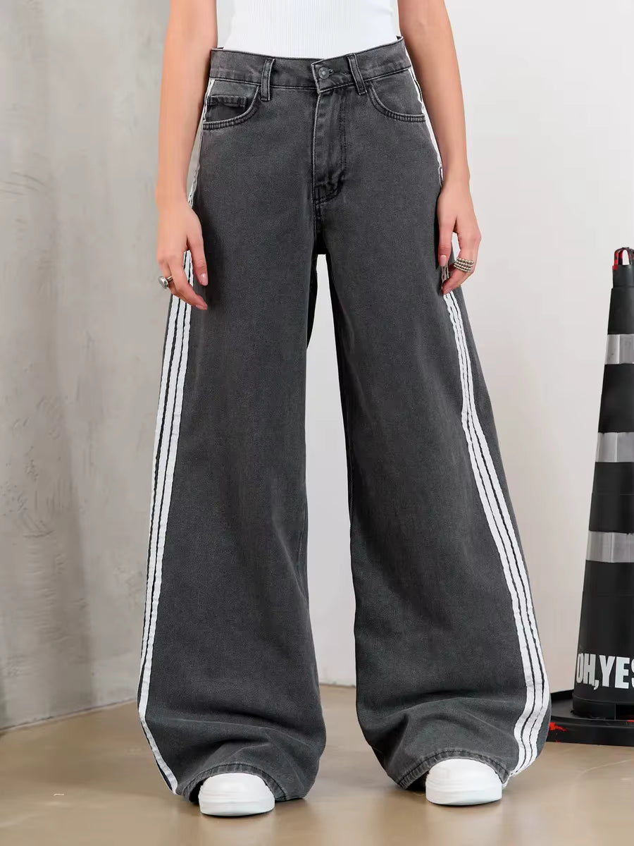 Casual Street Stripe Splicing Contrast Loose Wide Leg Straight Jeans Mssza