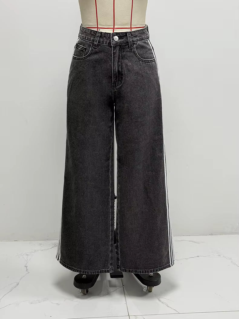 Casual Street Stripe Splicing Contrast Loose Wide Leg Straight Jeans Mssza