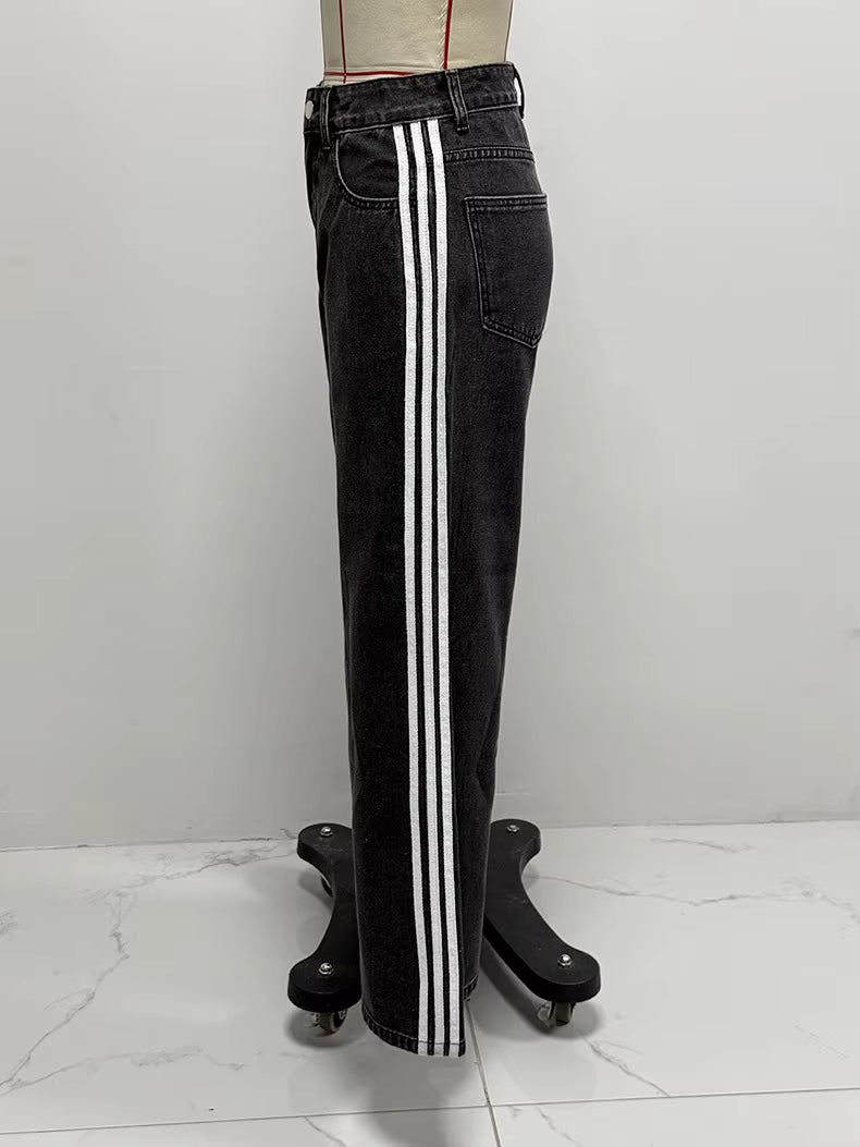 Casual Street Stripe Splicing Contrast Loose Wide Leg Straight Jeans Mssza