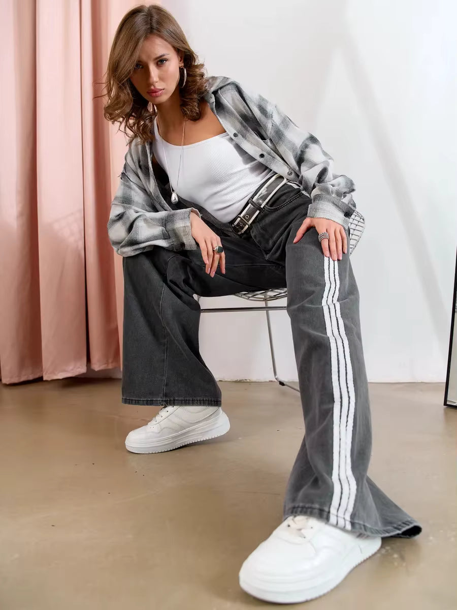 Casual Street Stripe Splicing Contrast Loose Wide Leg Straight Jeans Mssza