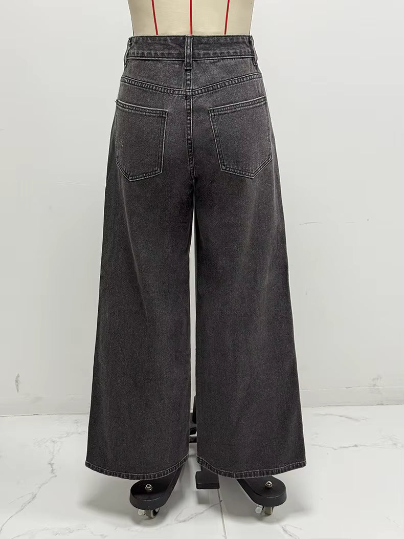Casual Street Stripe Splicing Contrast Loose Wide Leg Straight Jeans Mssza