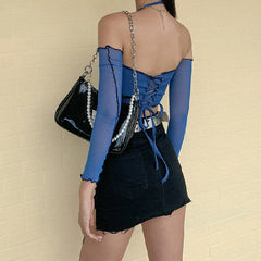 Casual Street Wear Patchwork Long Sleeve Crop Top Mssza