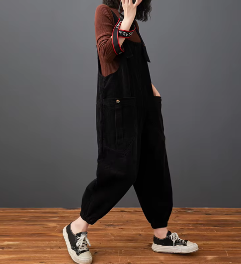 Casual Streetwear Loose Plus Size Rompers Solid Pockets Wide Leg Overalls Dungarees Mssza
