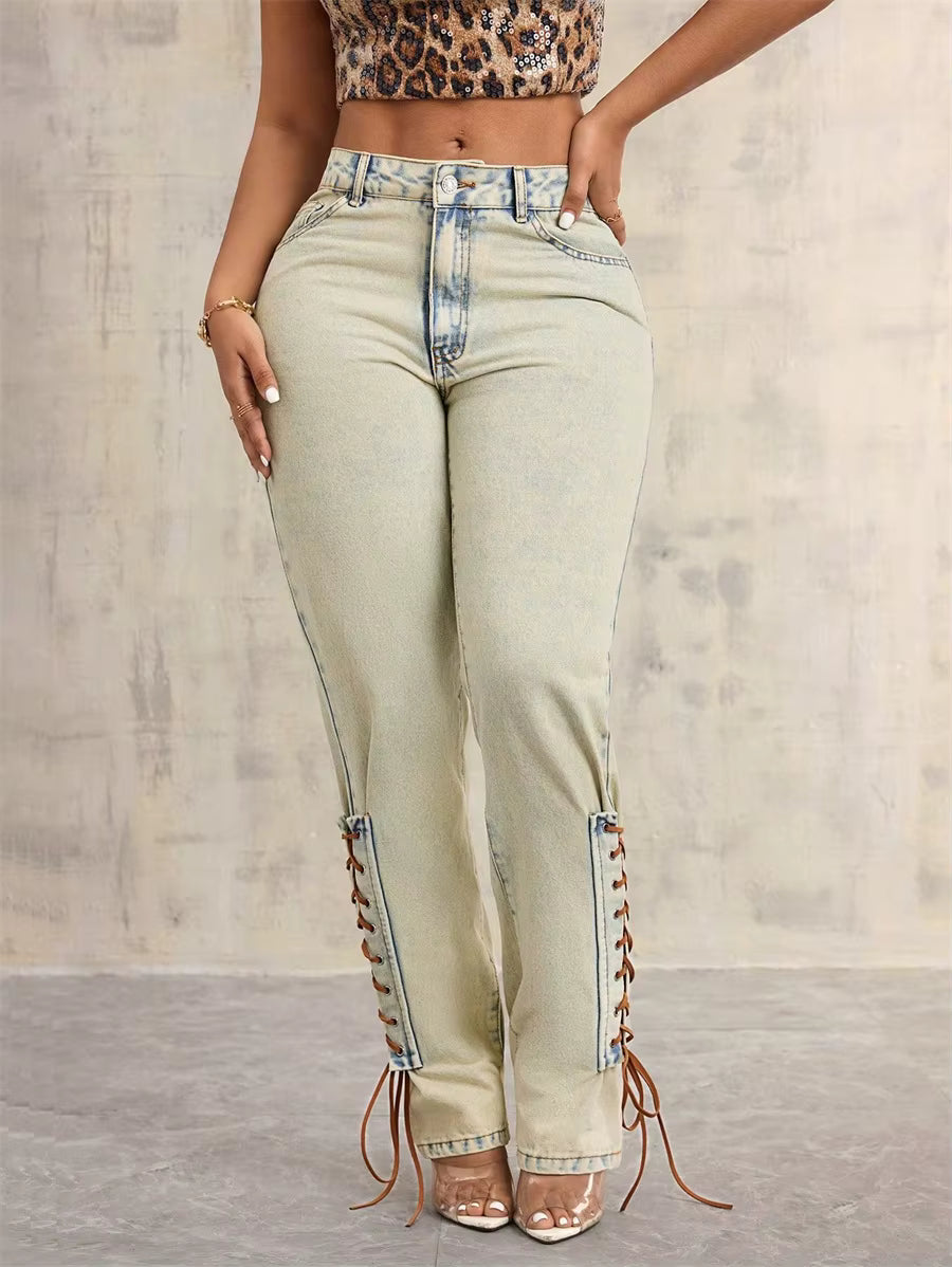 Casual Streetwear Mid Waisted Straight Denim Trousers Lace-up Jeans Mssza