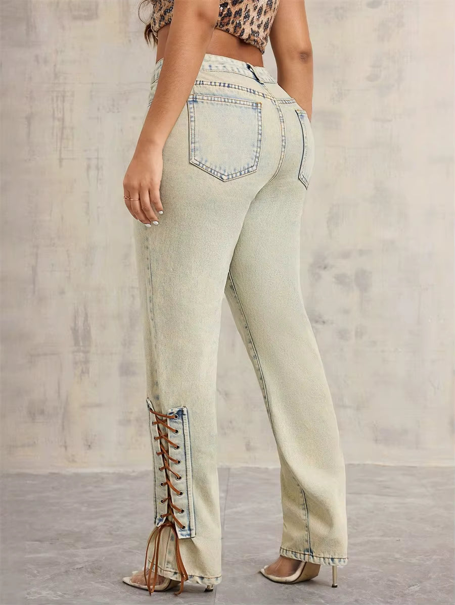 Casual Streetwear Mid Waisted Straight Denim Trousers Lace-up Jeans Mssza