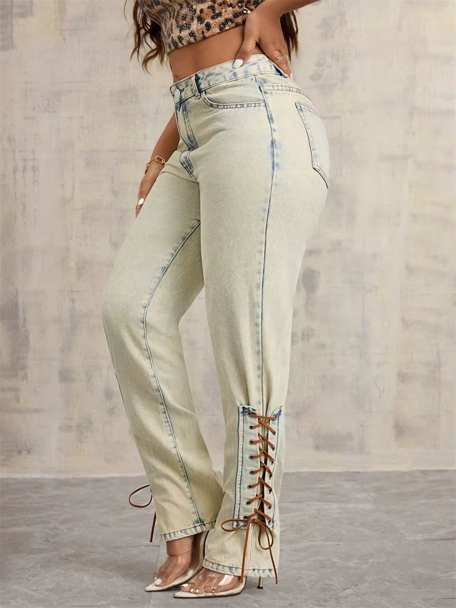 Casual Streetwear Mid Waisted Straight Denim Trousers Lace-up Jeans Mssza