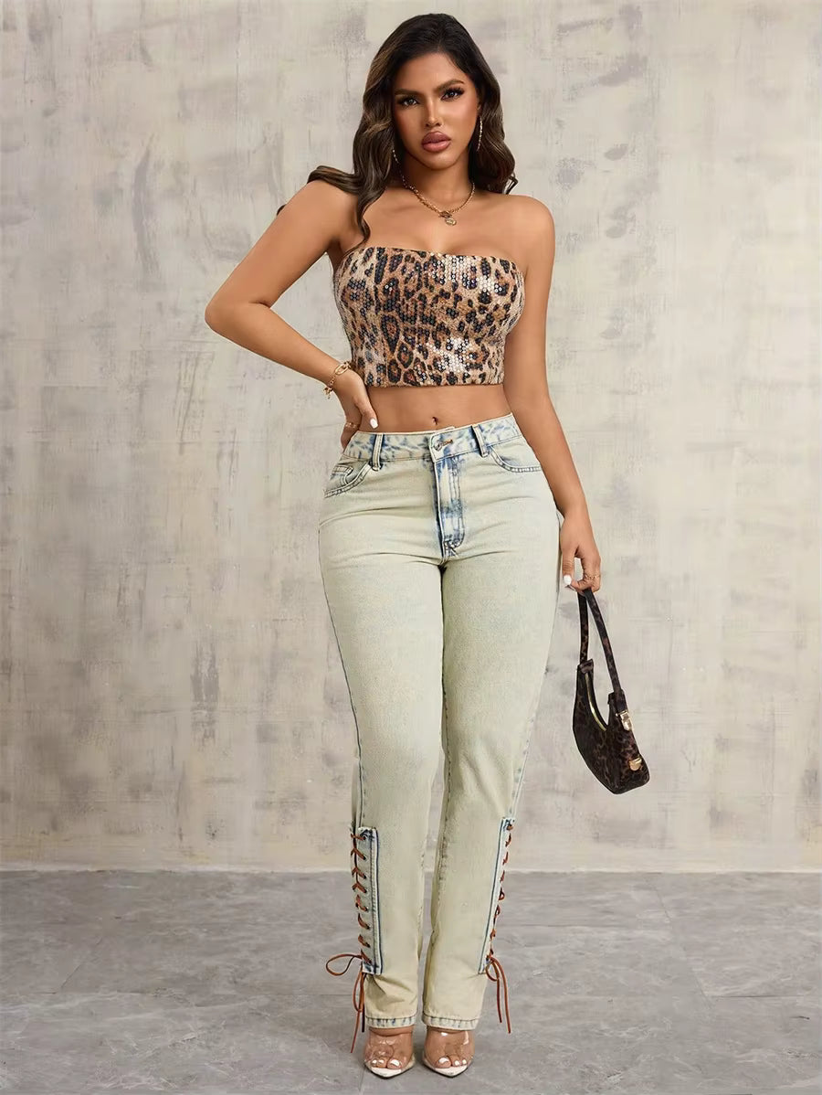 Casual Streetwear Mid Waisted Straight Denim Trousers Lace-up Jeans Mssza