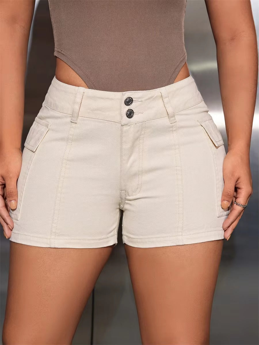 Casual Streetwear Washed Cargo Denim Elastic Slim Skinny High-waisted Jeans Shorts Mssza