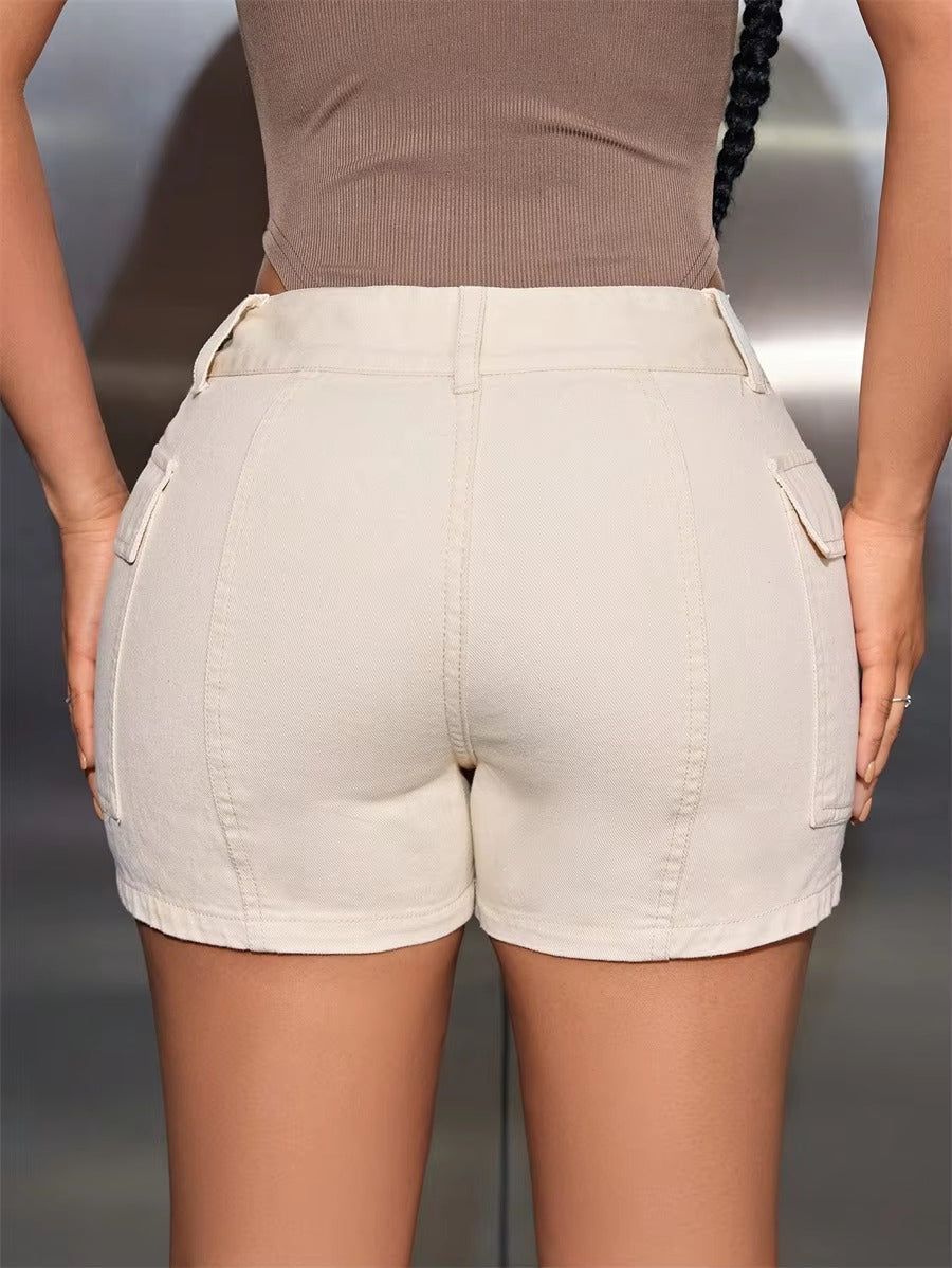 Casual Streetwear Washed Cargo Denim Elastic Slim Skinny High-waisted Jeans Shorts Mssza