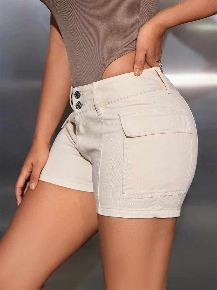 Casual Streetwear Washed Cargo Denim Elastic Slim Skinny High-waisted Jeans Shorts Mssza