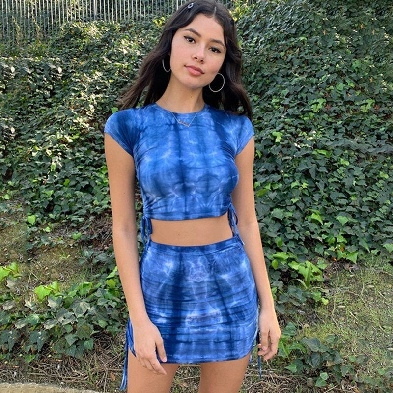Casual Stretchy Slim Crop Tops Elastic High Waist Skirts Streetwear Two Pieces Sets Mssza