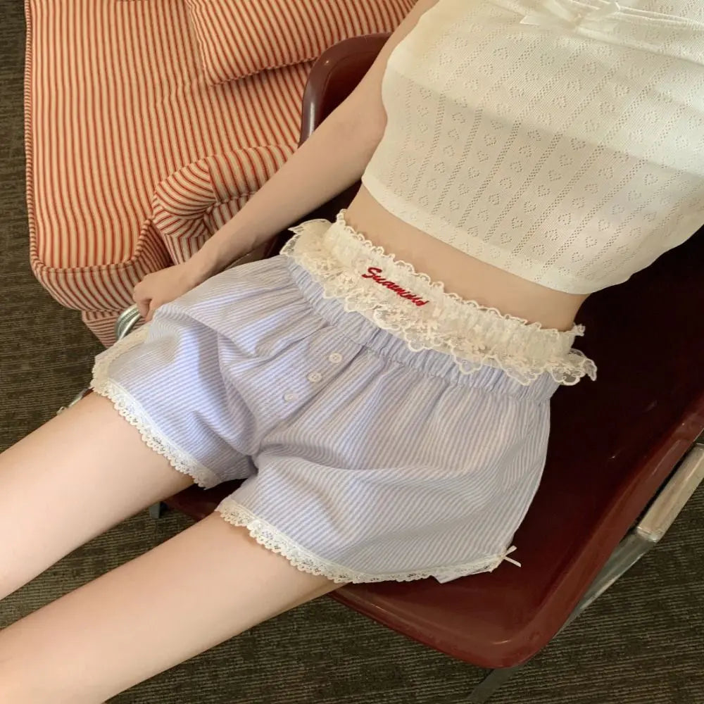 Casual Striped Button Embroidered Elastic Waist Lace Shorts Mssza