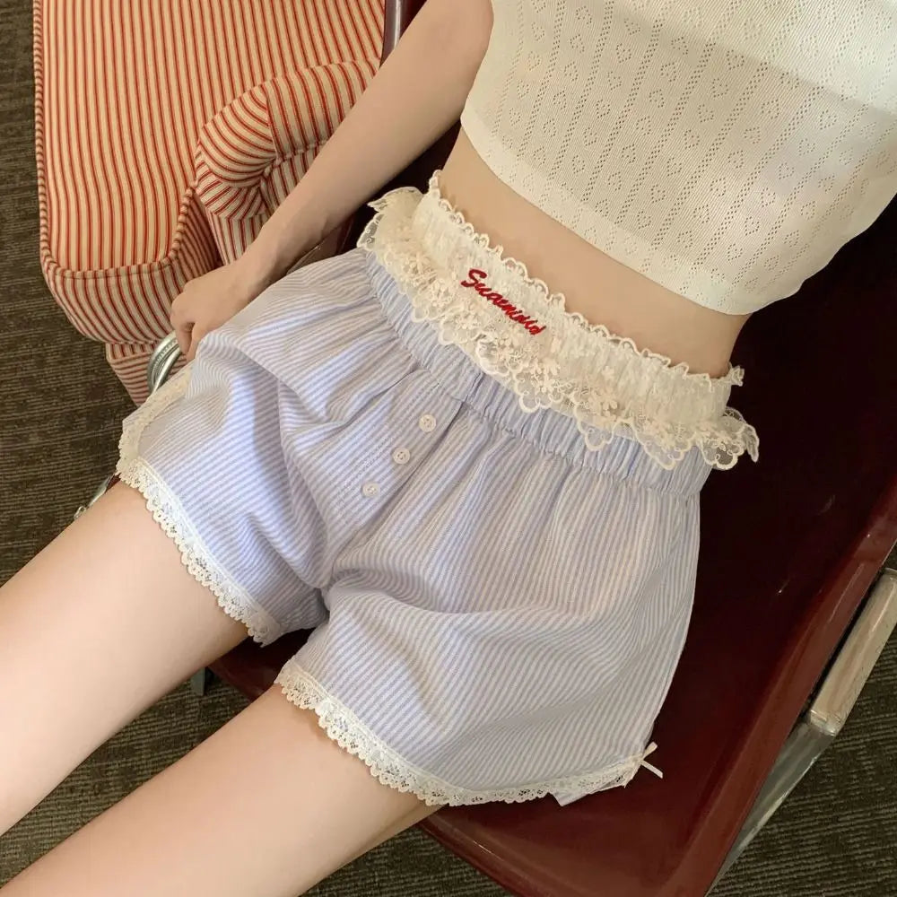 Casual Striped Button Embroidered Elastic Waist Lace Shorts Mssza