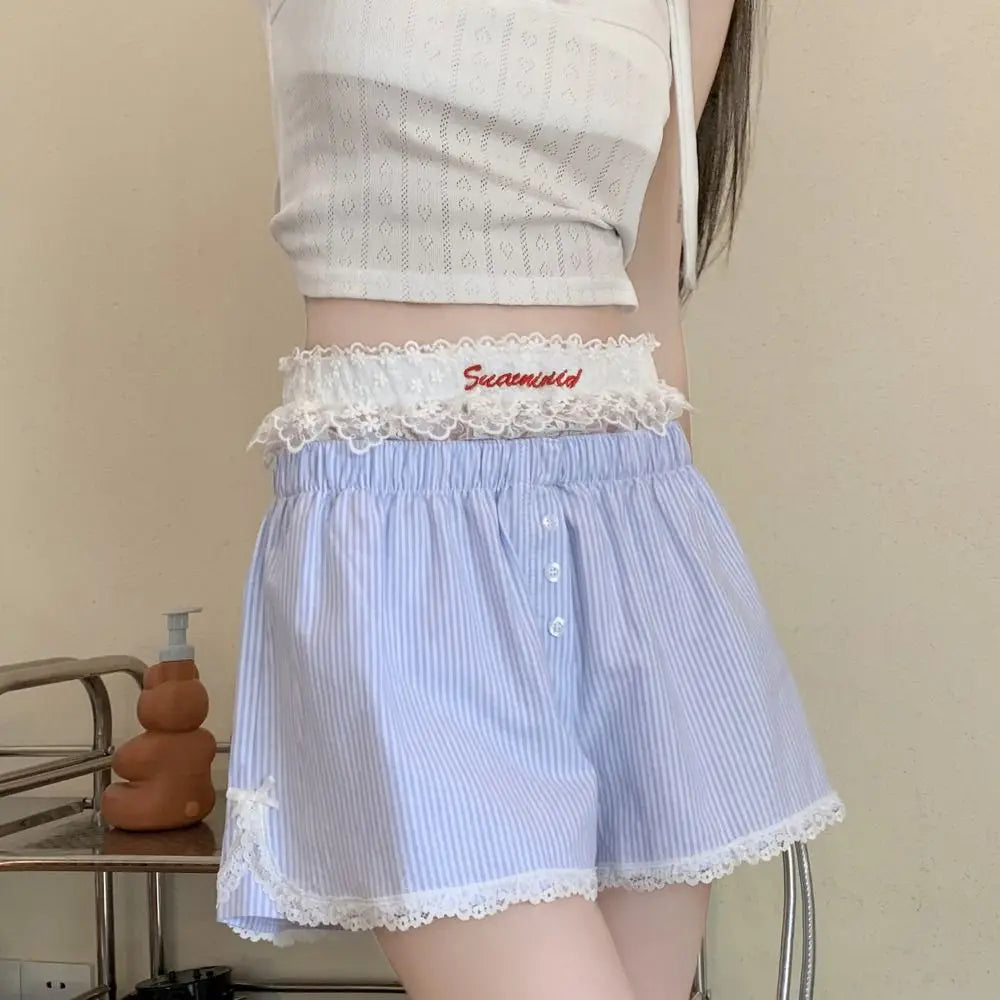 Casual Striped Button Embroidered Elastic Waist Lace Shorts Mssza
