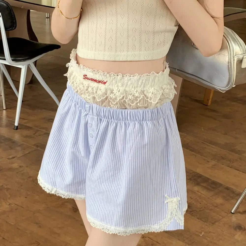 Casual Striped Button Embroidered Elastic Waist Lace Shorts Mssza