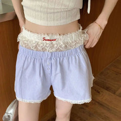 Casual Striped Button Embroidered Elastic Waist Lace Shorts Mssza