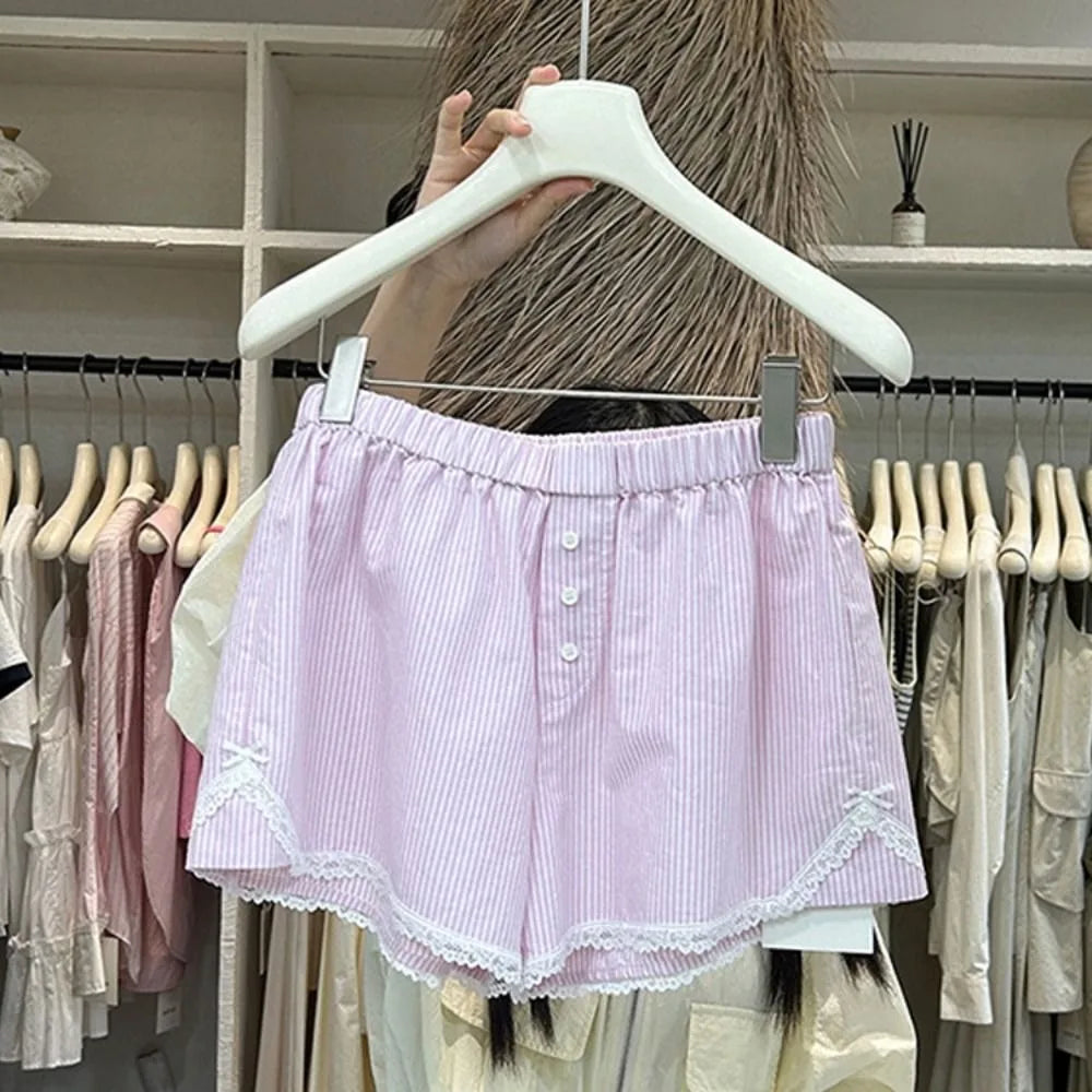 Casual Striped Button Embroidered Elastic Waist Lace Shorts Mssza