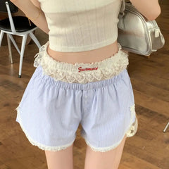 Casual Striped Button Embroidered Elastic Waist Lace Shorts Mssza