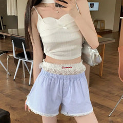 Casual Striped Button Embroidered Elastic Waist Lace Shorts Mssza