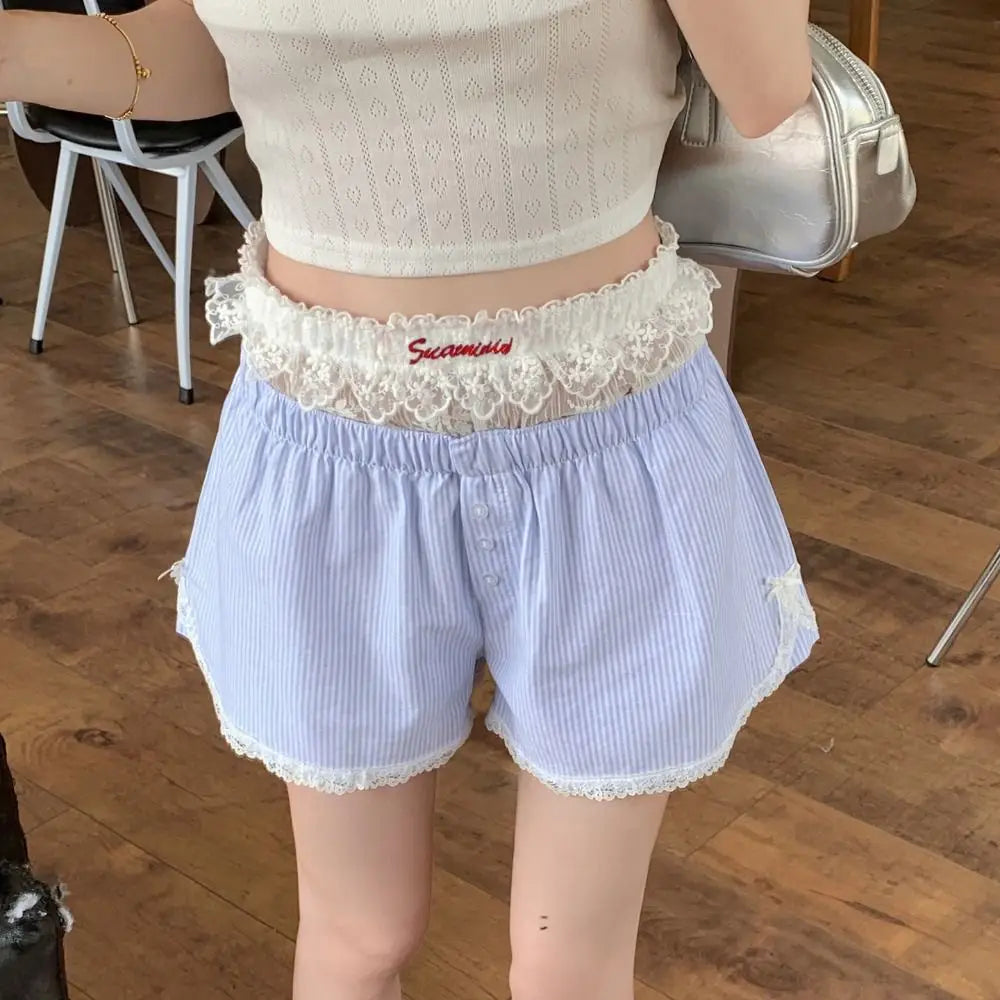 Casual Striped Button Embroidered Elastic Waist Lace Shorts Mssza