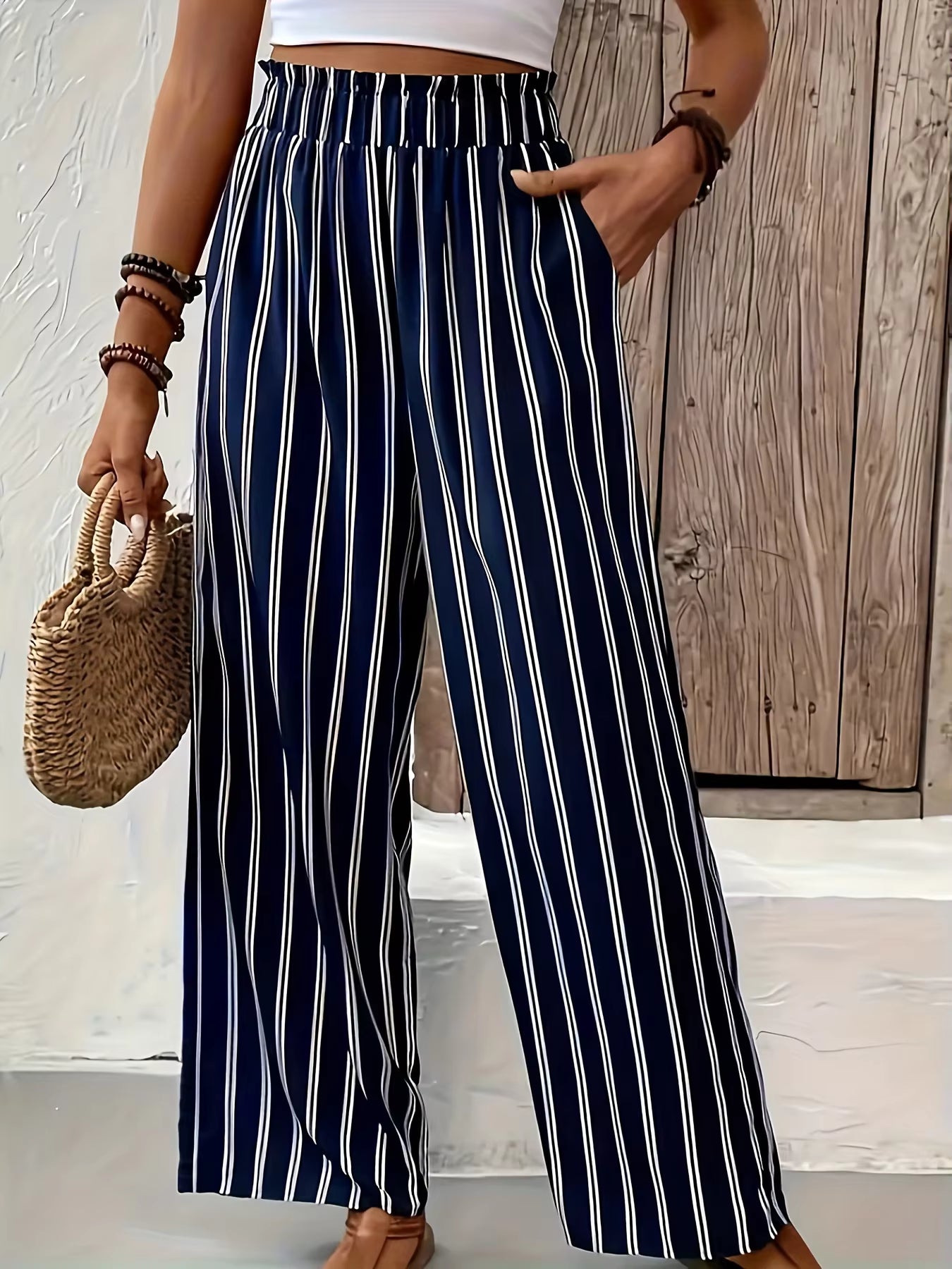 Casual Striped High Waist straight-leg loose Wide-Leg Pants Mssza