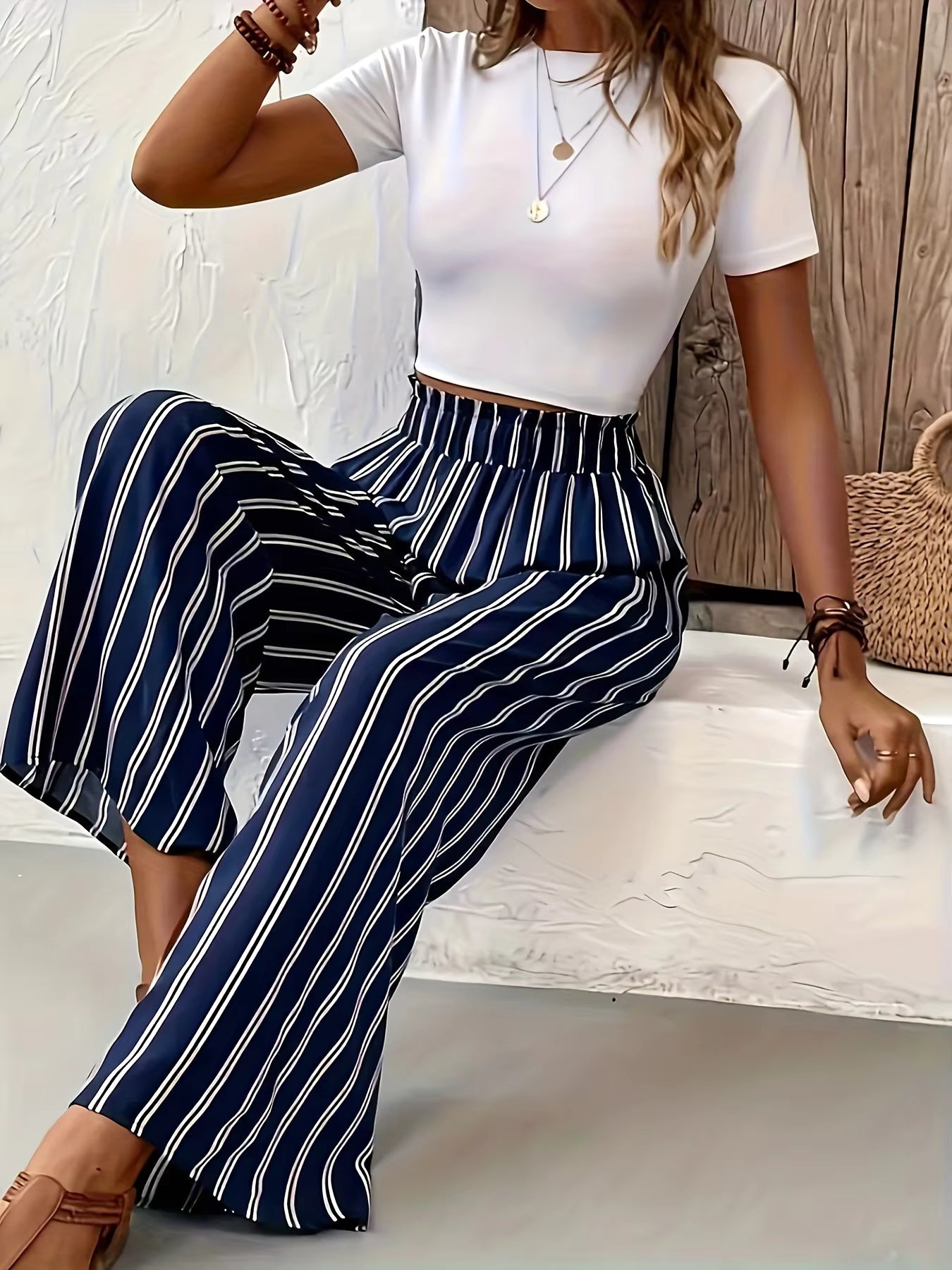 Casual Striped High Waist straight-leg loose Wide-Leg Pants Mssza
