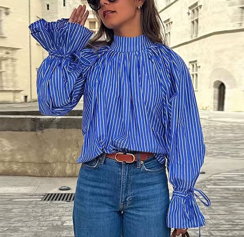 Casual Striped Loose Stand Collar Lace Up Flare Sleeve Pleated Top Mssza