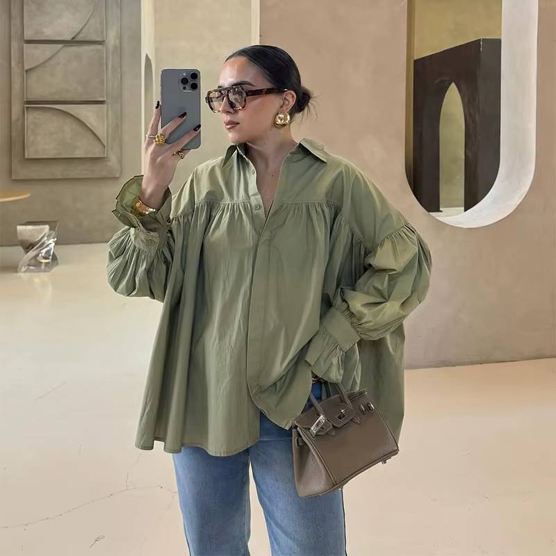 Casual Striped Loose Stand Collar Lace Up Flare Sleeve Pleated Top Mssza