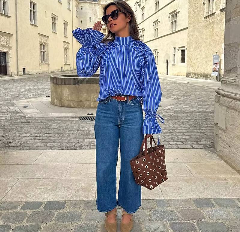 Casual Striped Loose Stand Collar Lace Up Flare Sleeve Pleated Top Mssza