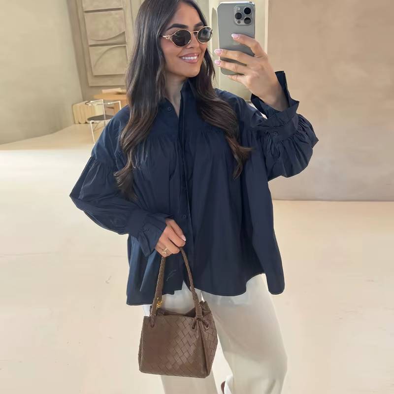 Casual Striped Loose Stand Collar Lace Up Flare Sleeve Pleated Top Mssza