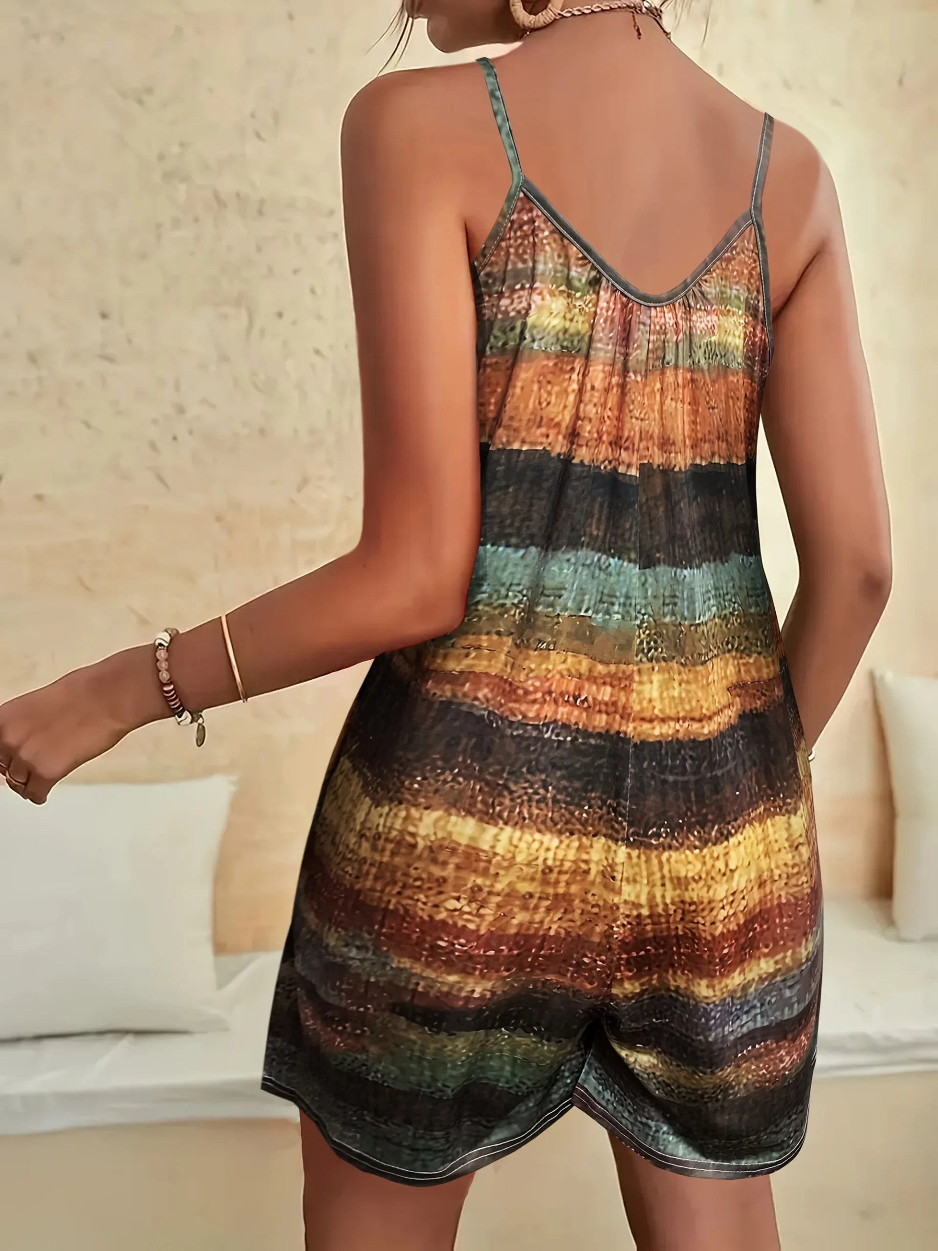 Casual Striped Pockets Drawing Printed Jumpsuit Mssza